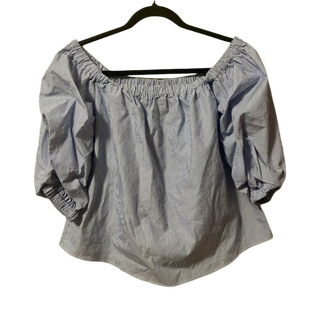 H&M Sz 6 Off The Shoulder Blue White Thin Stripe Blouse Poofy Sleeve